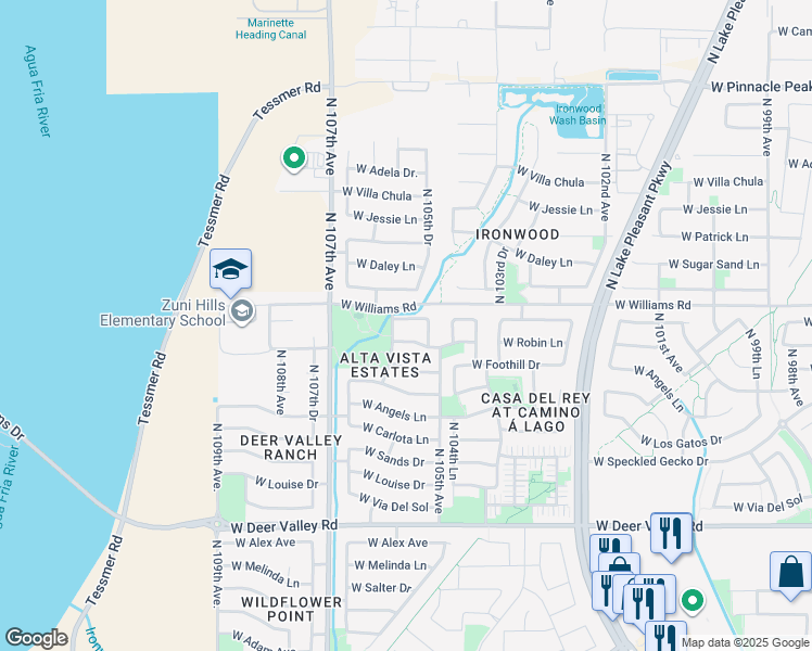 map of restaurants, bars, coffee shops, grocery stores, and more near 10541 West Donald Drive in Peoria