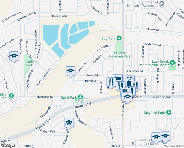 map of restaurants, bars, coffee shops, grocery stores, and more near 25692 Pelion Road in Menifee