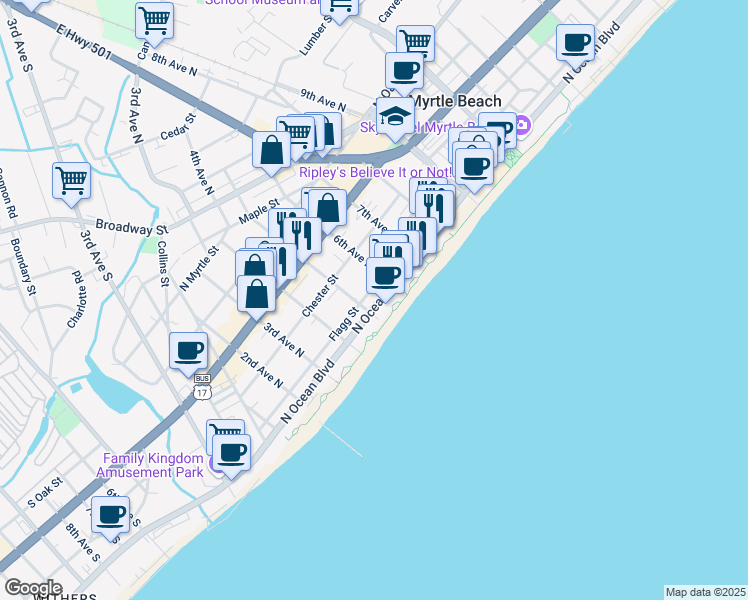 map of restaurants, bars, coffee shops, grocery stores, and more near 508 North Ocean Boulevard in Myrtle Beach