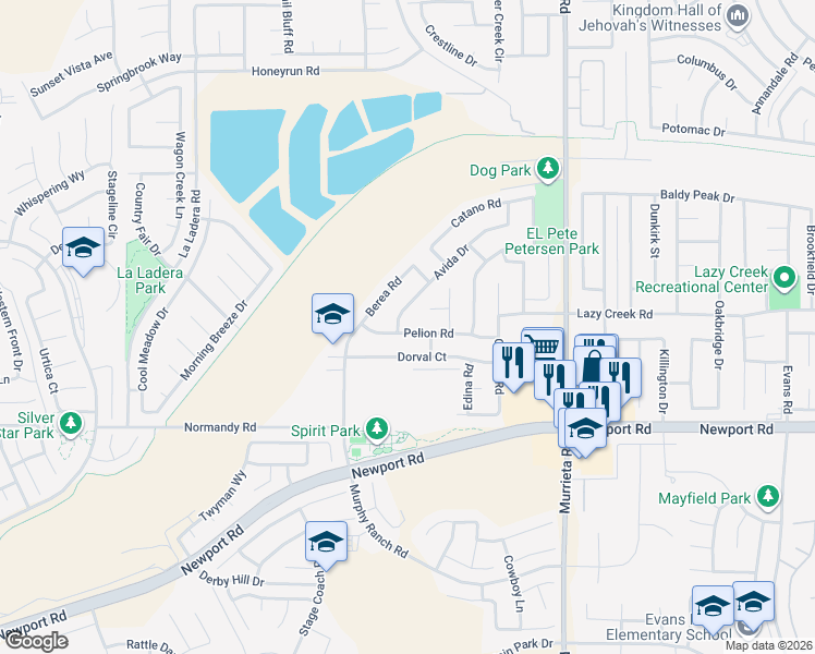 map of restaurants, bars, coffee shops, grocery stores, and more near 25644 Pelion Road in Menifee