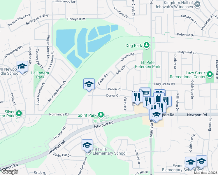 map of restaurants, bars, coffee shops, grocery stores, and more near 25644 Pelion Road in Menifee