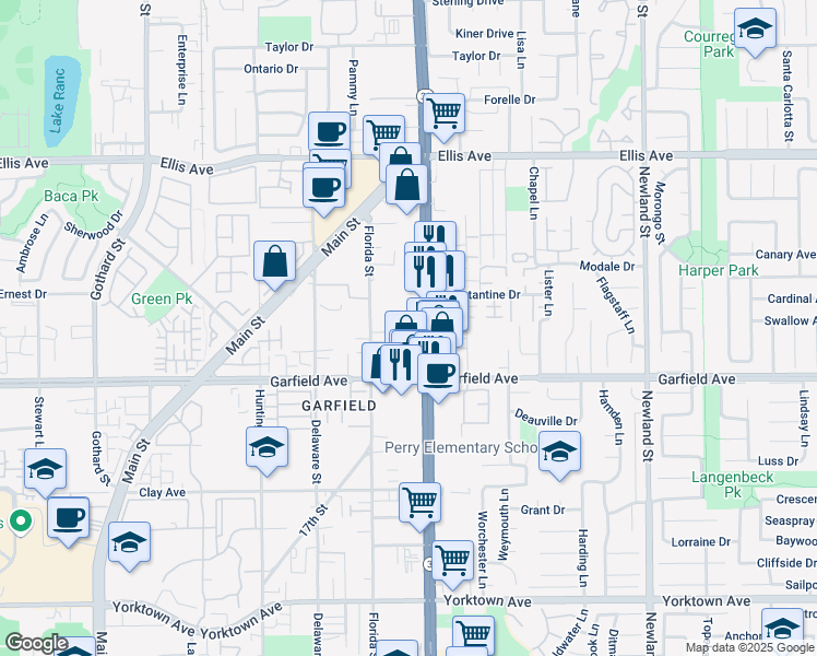 map of restaurants, bars, coffee shops, grocery stores, and more near 18861 Beach Boulevard in Huntington Beach