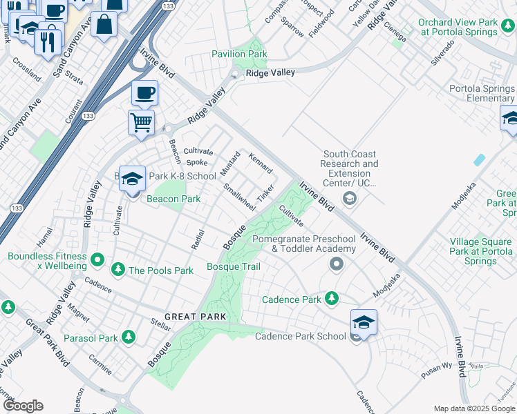 map of restaurants, bars, coffee shops, grocery stores, and more near 100 Tinker in Irvine