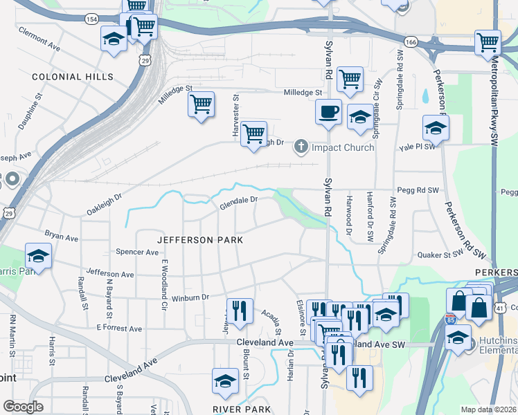 map of restaurants, bars, coffee shops, grocery stores, and more near 2438 Fallview Terrace in East Point