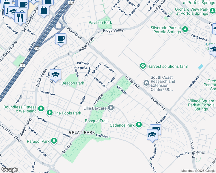 map of restaurants, bars, coffee shops, grocery stores, and more near 100 Tinker in Irvine