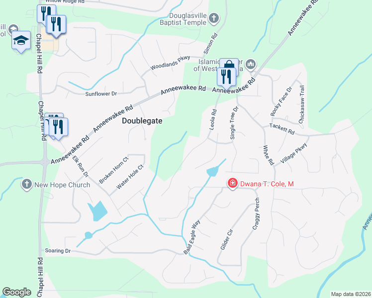 map of restaurants, bars, coffee shops, grocery stores, and more near 4295 Leola Road in Douglasville