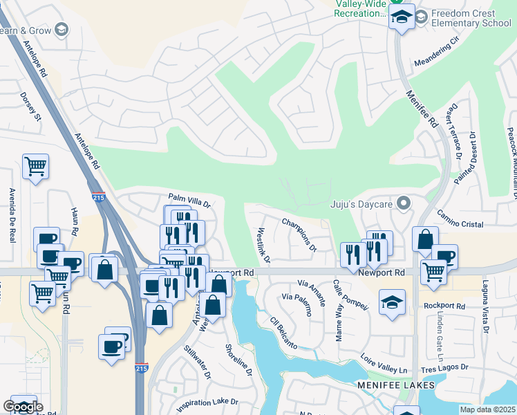 map of restaurants, bars, coffee shops, grocery stores, and more near 28400 Champions Drive in Menifee