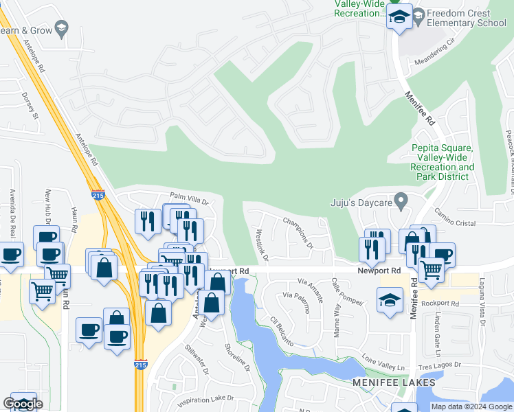 map of restaurants, bars, coffee shops, grocery stores, and more near 28400 Champions Drive in Menifee