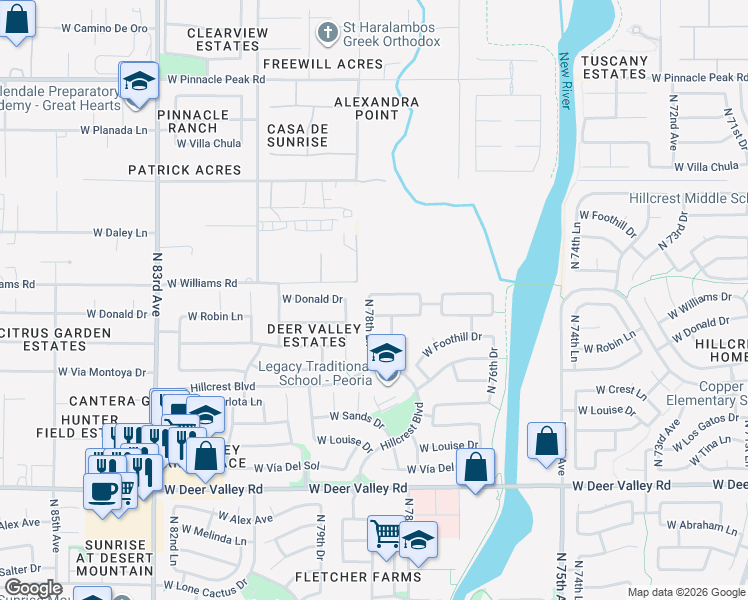 map of restaurants, bars, coffee shops, grocery stores, and more near 7857 West Donald Drive in Peoria