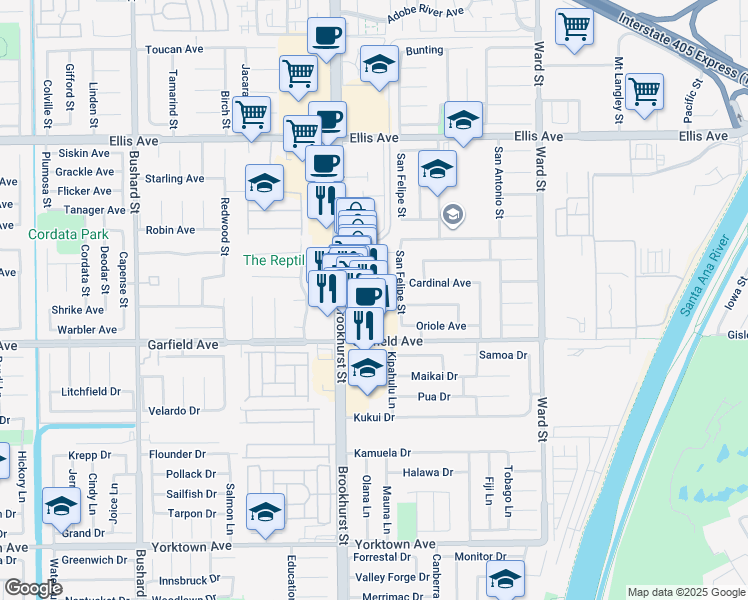 map of restaurants, bars, coffee shops, grocery stores, and more near 18886 Brookhurst Street in Fountain Valley