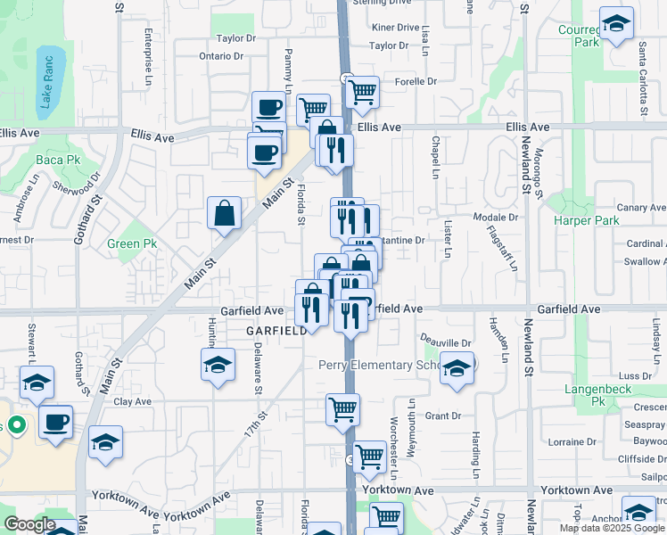 map of restaurants, bars, coffee shops, grocery stores, and more near 18861 Beach Boulevard in Huntington Beach