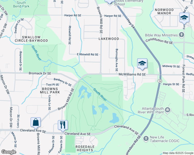 map of restaurants, bars, coffee shops, grocery stores, and more near 2362 Browns Mill Road Southeast in Atlanta