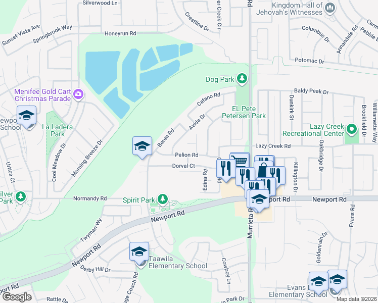 map of restaurants, bars, coffee shops, grocery stores, and more near 25692 Pelion Road in Menifee