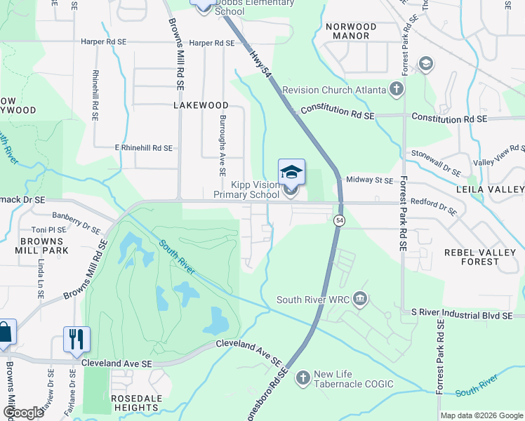 map of restaurants, bars, coffee shops, grocery stores, and more near 585 McWilliams Road in Atlanta
