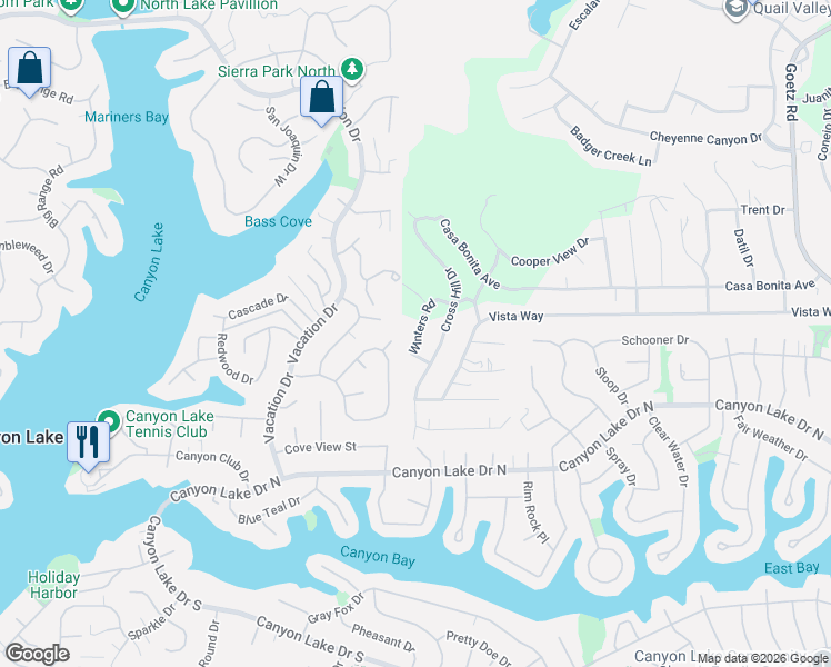 map of restaurants, bars, coffee shops, grocery stores, and more near 29817 Winters Road in Canyon Lake