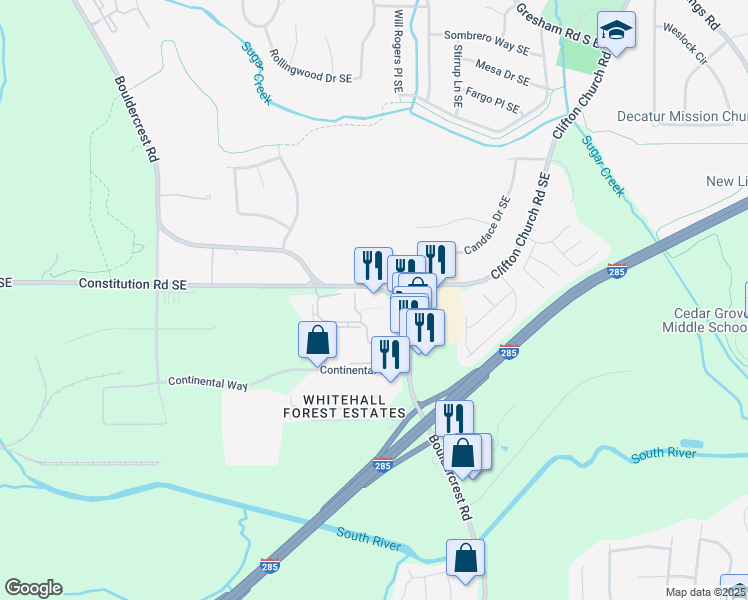 map of restaurants, bars, coffee shops, grocery stores, and more near 2475 Bouldercrest Road Southeast in Atlanta