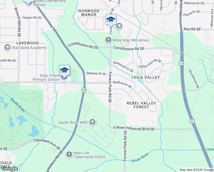 map of restaurants, bars, coffee shops, grocery stores, and more near 2404 Forrest Park Road Southeast in Atlanta