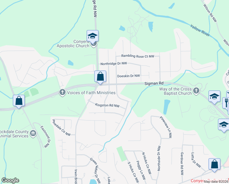 map of restaurants, bars, coffee shops, grocery stores, and more near 1657 Ridgeview Drive Northwest in Conyers