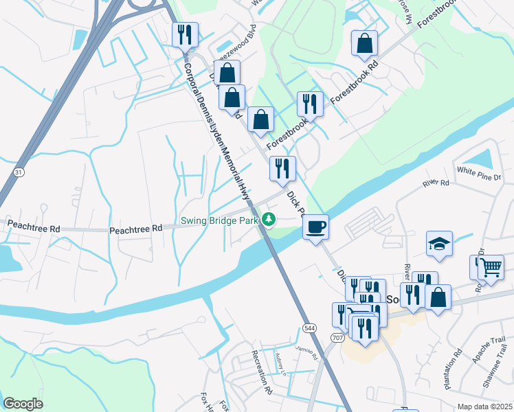 map of restaurants, bars, coffee shops, grocery stores, and more near 4301 Peachtree Road in Myrtle Beach