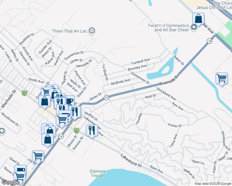 map of restaurants, bars, coffee shops, grocery stores, and more near 30419 Riverside Drive in Lake Elsinore