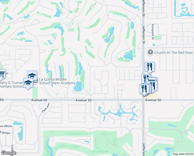 map of restaurants, bars, coffee shops, grocery stores, and more near 49575 Rancho La Merced in La Quinta