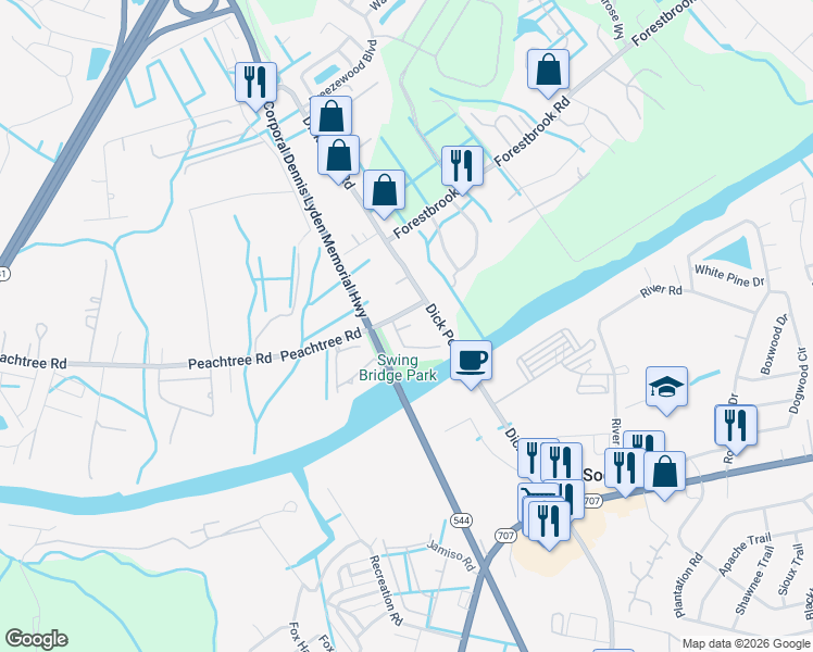 map of restaurants, bars, coffee shops, grocery stores, and more near 201 Kenzie Court in Myrtle Beach