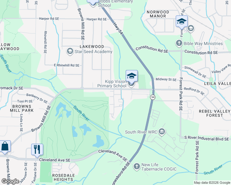 map of restaurants, bars, coffee shops, grocery stores, and more near 2602 McWilliams Road in Atlanta