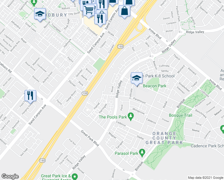 map of restaurants, bars, coffee shops, grocery stores, and more near 166 Novel in Irvine