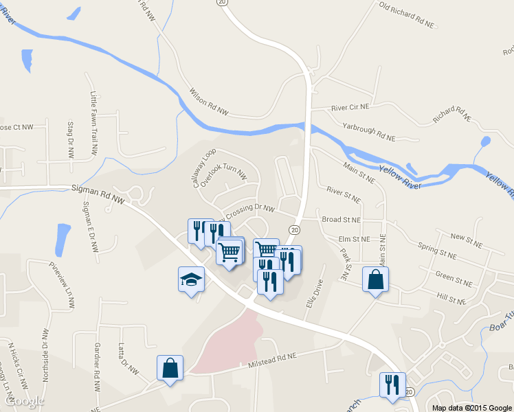 map of restaurants, bars, coffee shops, grocery stores, and more near Odyssey Drive Northwest in Conyers
