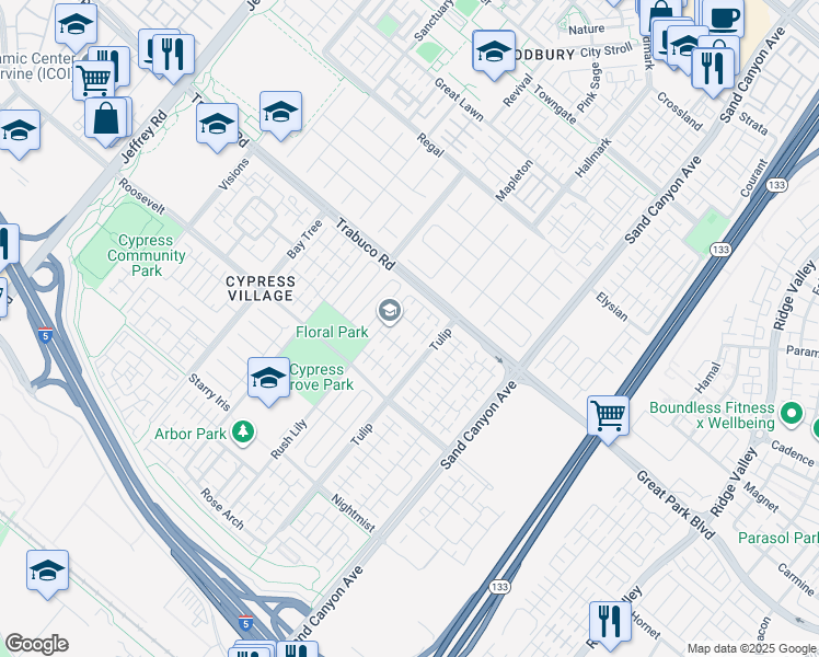 map of restaurants, bars, coffee shops, grocery stores, and more near 64 Purple Jasmine in Irvine
