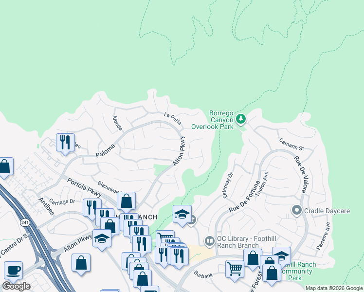 map of restaurants, bars, coffee shops, grocery stores, and more near 18825 Alton Parkway in Lake Forest