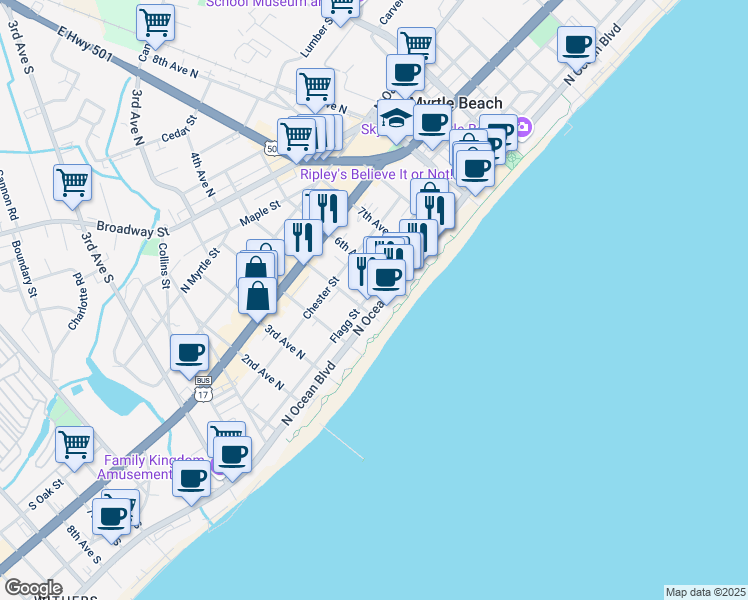 map of restaurants, bars, coffee shops, grocery stores, and more near 508 North Ocean Boulevard in Myrtle Beach