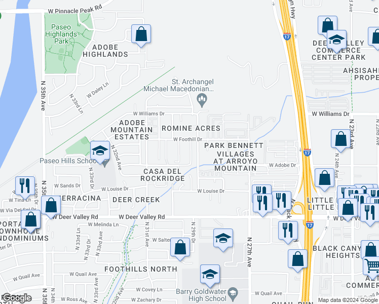 map of restaurants, bars, coffee shops, grocery stores, and more near 22224 North 29th Drive in Phoenix