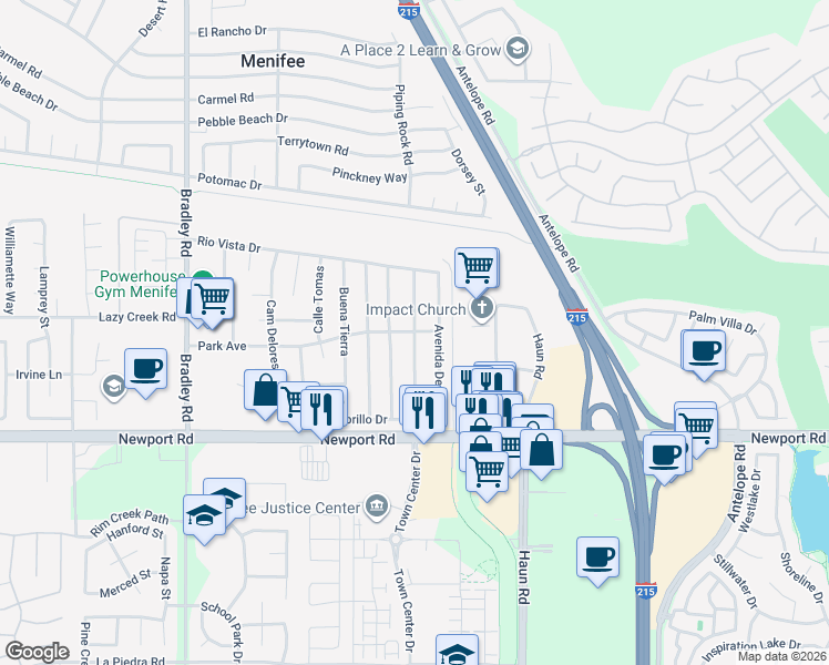 map of restaurants, bars, coffee shops, grocery stores, and more near 29752 Avenida De Cortez in Menifee