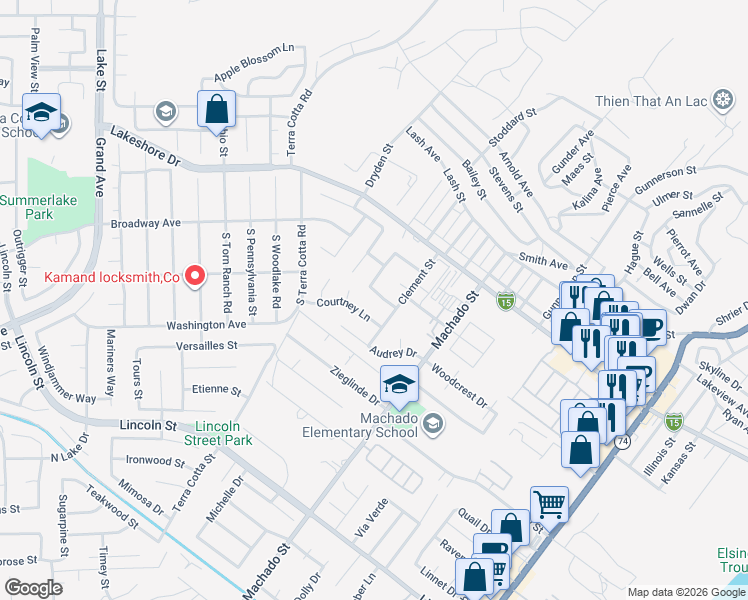 map of restaurants, bars, coffee shops, grocery stores, and more near 245 Broadway Street in Lake Elsinore