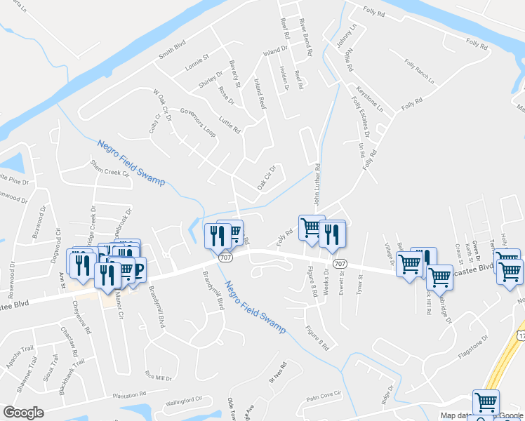 map of restaurants, bars, coffee shops, grocery stores, and more near 608 Geddings Drive in Myrtle Beach