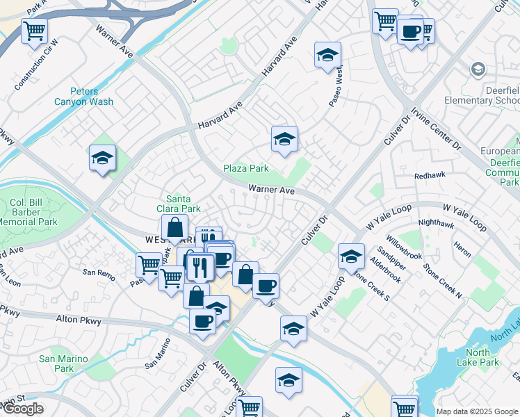 map of restaurants, bars, coffee shops, grocery stores, and more near 18 Santa Cruz Aisle in Irvine