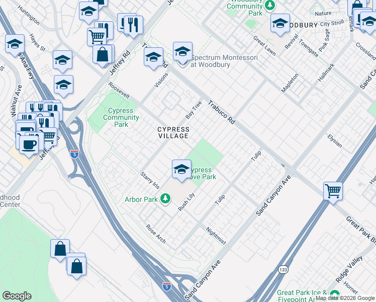 map of restaurants, bars, coffee shops, grocery stores, and more near 121 Velvetleaf in Irvine