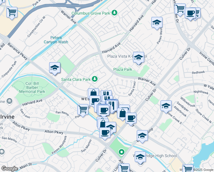 map of restaurants, bars, coffee shops, grocery stores, and more near 2900 Ladrillo Aisle in Irvine