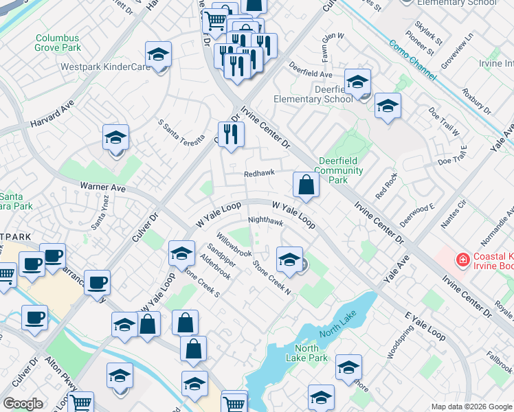 map of restaurants, bars, coffee shops, grocery stores, and more near 91 West Yale Loop in Irvine