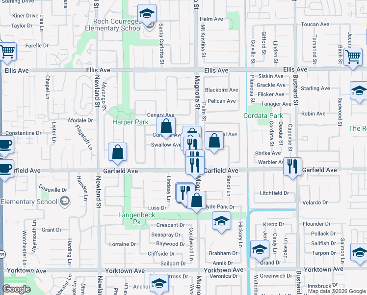 map of restaurants, bars, coffee shops, grocery stores, and more near 8968 Swallow Avenue in Fountain Valley