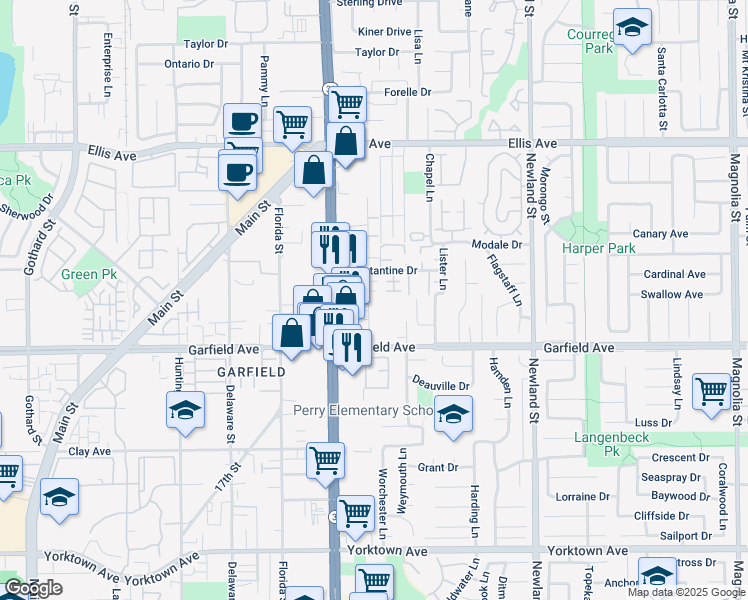 map of restaurants, bars, coffee shops, grocery stores, and more near 18882 Valley Circle in Huntington Beach