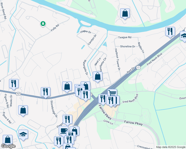 map of restaurants, bars, coffee shops, grocery stores, and more near 93 Ranchette Circle in Myrtle Beach