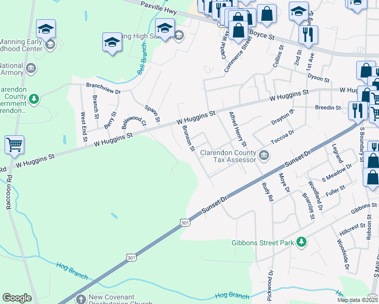 map of restaurants, bars, coffee shops, grocery stores, and more near 1132 Moorer Street in Manning