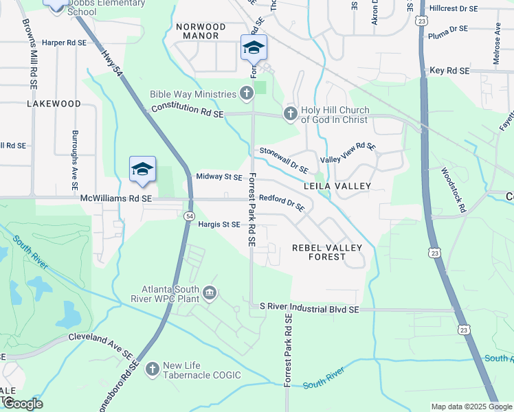 map of restaurants, bars, coffee shops, grocery stores, and more near 2412 Forrest Park Road Southeast in Atlanta