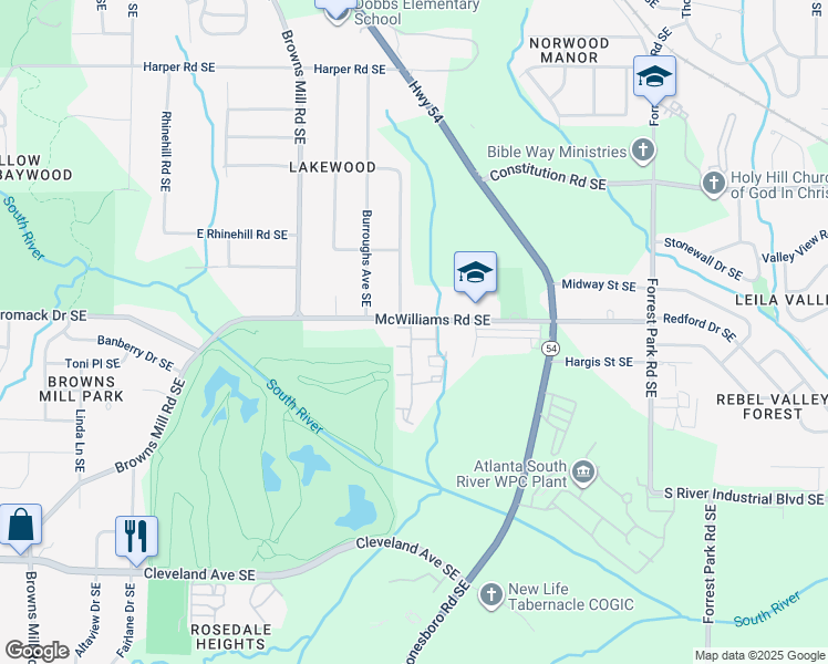 map of restaurants, bars, coffee shops, grocery stores, and more near 2602 McWilliams Road in Atlanta