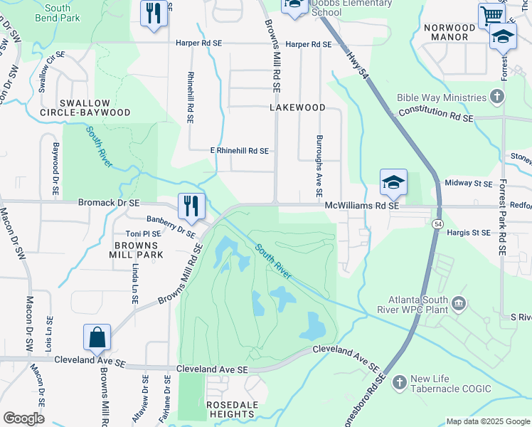 map of restaurants, bars, coffee shops, grocery stores, and more near 2362 Browns Mill Road Southeast in Atlanta