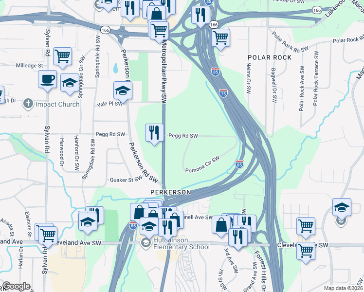 map of restaurants, bars, coffee shops, grocery stores, and more near 550 Pomona Circle Southwest in Atlanta