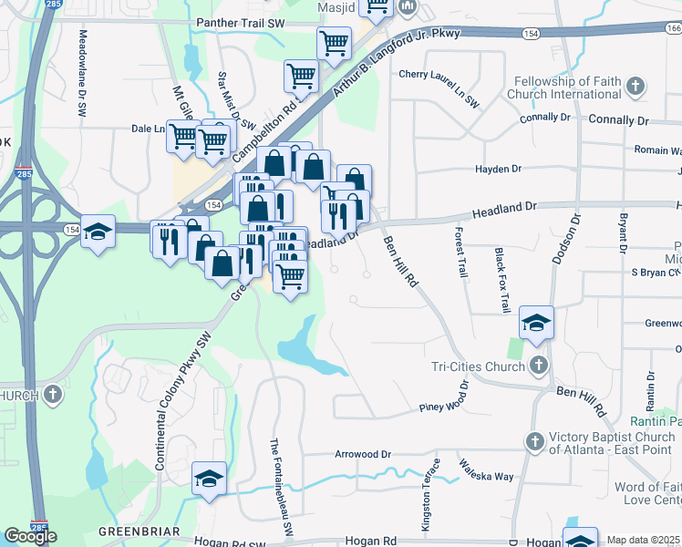 map of restaurants, bars, coffee shops, grocery stores, and more near 2440 McAlpine Terrace in East Point