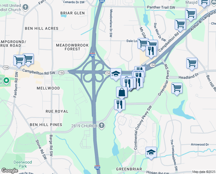 map of restaurants, bars, coffee shops, grocery stores, and more near Campbellton Rd SW in Atlanta